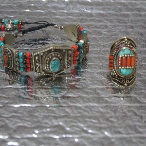 Vintage 2-ps Set Bracelet ring style of Tibet Natural stones Hand made jewelry